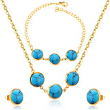 Steel/Gold Deep Red Chrysoberyl/Blue Turquoise/Red Turquoise + Bracelet Jewelry Set