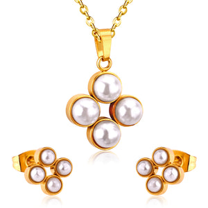 Steel/golden four-flower white pearl+diamond jewelry set