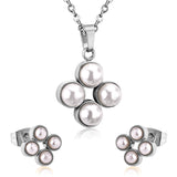 Steel/golden four-flower white pearl+diamond jewelry set