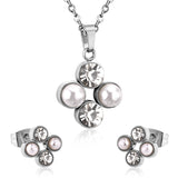 Steel/golden four-flower white pearl+diamond jewelry set