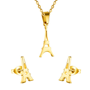 Gold/steel a small tower like pendant cut jewelry set without diamonds