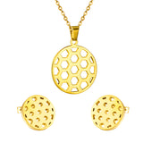 Gold/steel football-like discs with a hollowed-out center, faceted cut jewelry set with no diamonds.