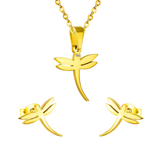 Gold/steel dragonfly shaped tail with curved cut jewelry set without diamonds