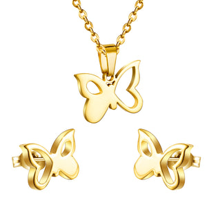 Set of cut jewelry without diamonds in gold/steel with irregular flower butterfly half hollowed out