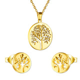 Gold/steel color jewelry set with a smooth surface and a hollow center in the shape of a tree.