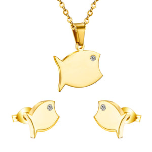 Gold/steel color cut jewelry set of a big glossy fish with diamonds for eyes