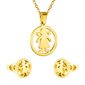 Gold/steel little girl's figure wrapped in a circle cut jewelry set without diamonds