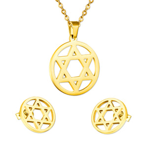 Gold/steel color wispy hexagrams faceted cut jewelry set without diamonds