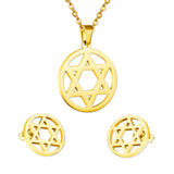 Gold/steel color wispy hexagrams faceted cut jewelry set without diamonds