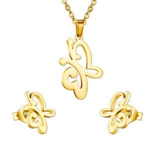 Gold/steel cut jewelry set in the shape of a butterfly with two tentacles without diamonds