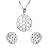 Gold/steel football-like discs with a hollowed-out center, faceted cut jewelry set with no diamonds.