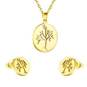 Gold/steel jewelry set with a beautiful tree look realized by cutting process