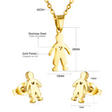 Gold/steel color cut jewelry set of a little boy's figure with a wisp without diamonds