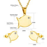 Gold/steel color cut jewelry set of a big glossy fish with diamonds for eyes