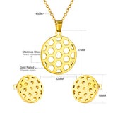 Gold/steel football-like discs with a hollowed-out center, faceted cut jewelry set with no diamonds.