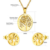 Gold/steel color jewelry set with a smooth surface and a hollow center in the shape of a tree.