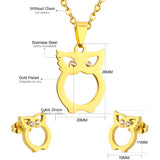 Gold/steel color owl with two eyes made of diamonds and a body with a hollow design and a smooth cut surface Jewelry Set