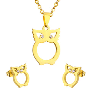 Gold/steel color owl with two eyes made of diamonds and a body with a hollow design and a smooth cut surface Jewelry Set