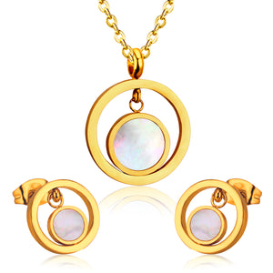 Gold/Steel Round + Campus Pendant with Adhesive Shells Jewelry Set