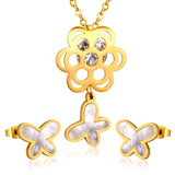 Golden Flower with Butterfly Pendant Surface Mounted Shells Jewelry Set