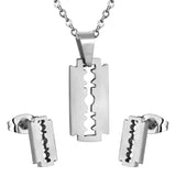 Steel/golden glossy cut razor blade shape jewelry set without diamonds