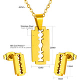 Steel/golden glossy cut razor blade shape jewelry set without diamonds