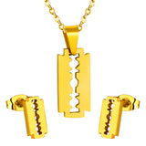 Steel/golden glossy cut razor blade shape jewelry set without diamonds