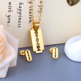 Steel/golden glossy cut razor blade shape jewelry set without diamonds