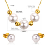 Gold/Steel Three White Pearls + 4 Gold Beads Jewelry Set