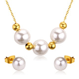 Gold/Steel Three White Pearls + 4 Gold Beads Jewelry Set