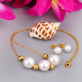 Gold/Steel Three White Pearls + 4 Gold Beads Jewelry Set