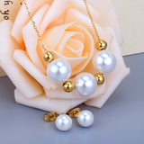 Gold/Steel Three White Pearls + 4 Gold Beads Jewelry Set