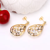 Gold/steel emery mesh hollowed out teardrop interior + diamond jewelry set