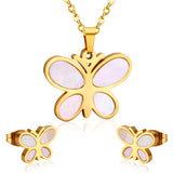 Steel/golden finish cut + butterfly shape with white shells adhered jewelry set