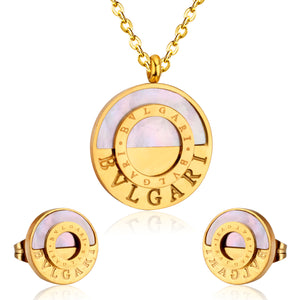 Steel/Gold Cut Roman Numerals + Glue Semi-Circular White Shells Jewelry Set