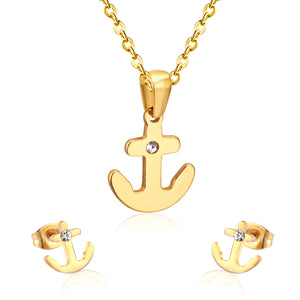 Gold/Steel Frosted/Smooth Cut Anchor Shape Jewelry Set with/without Diamonds