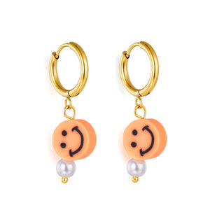 Boucles d'oreilles mode avec visage souriant rond orange plaqué or 18 carats