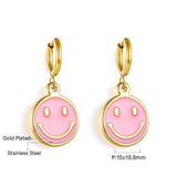 Stainless Steel Pink Round Smiley Face Earrings