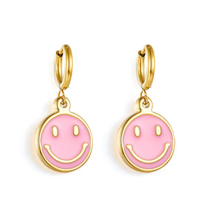 Pendientes de acero inoxidable con cara sonriente redonda rosa