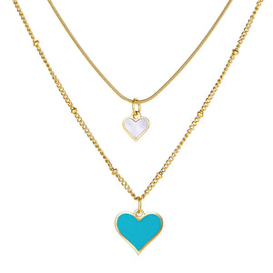 Collier double en forme de coeur en coquillage bleu et blanc