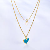 Collier double en forme de coeur en coquillage bleu et blanc