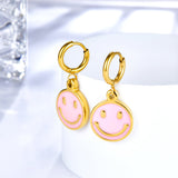 Boucles d'oreilles visage souriant rond rose en acier inoxydable