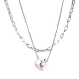 Heart-shaped Accessory With White Pearl+With Chain Double Chain Necklace