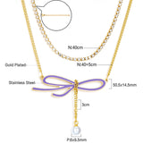 Odd-shaped Bow Purple With White Pearl + White Diamond With Chain Double Chain Necklace