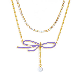 Odd-shaped Bow Purple With White Pearl + White Diamond With Chain Double Chain Necklace