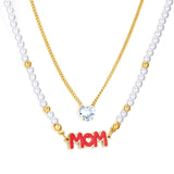 White Pearl Chain MOM Red Letter Accessories + White Heart Diamond Double Chain Necklace