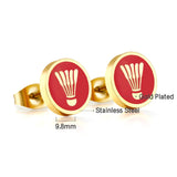 Aretes de acero inoxidable chapados en oro de 18 quilates con corte rojo de bádminton