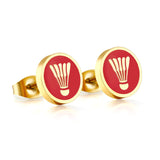 Aretes de acero inoxidable chapados en oro de 18 quilates con corte rojo de bádminton