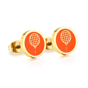 Stainless Steel Tennis Racket Brown Cut Stud Earrings