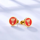 Aretes de acero inoxidable chapados en oro de 18 quilates con corte rojo de bádminton